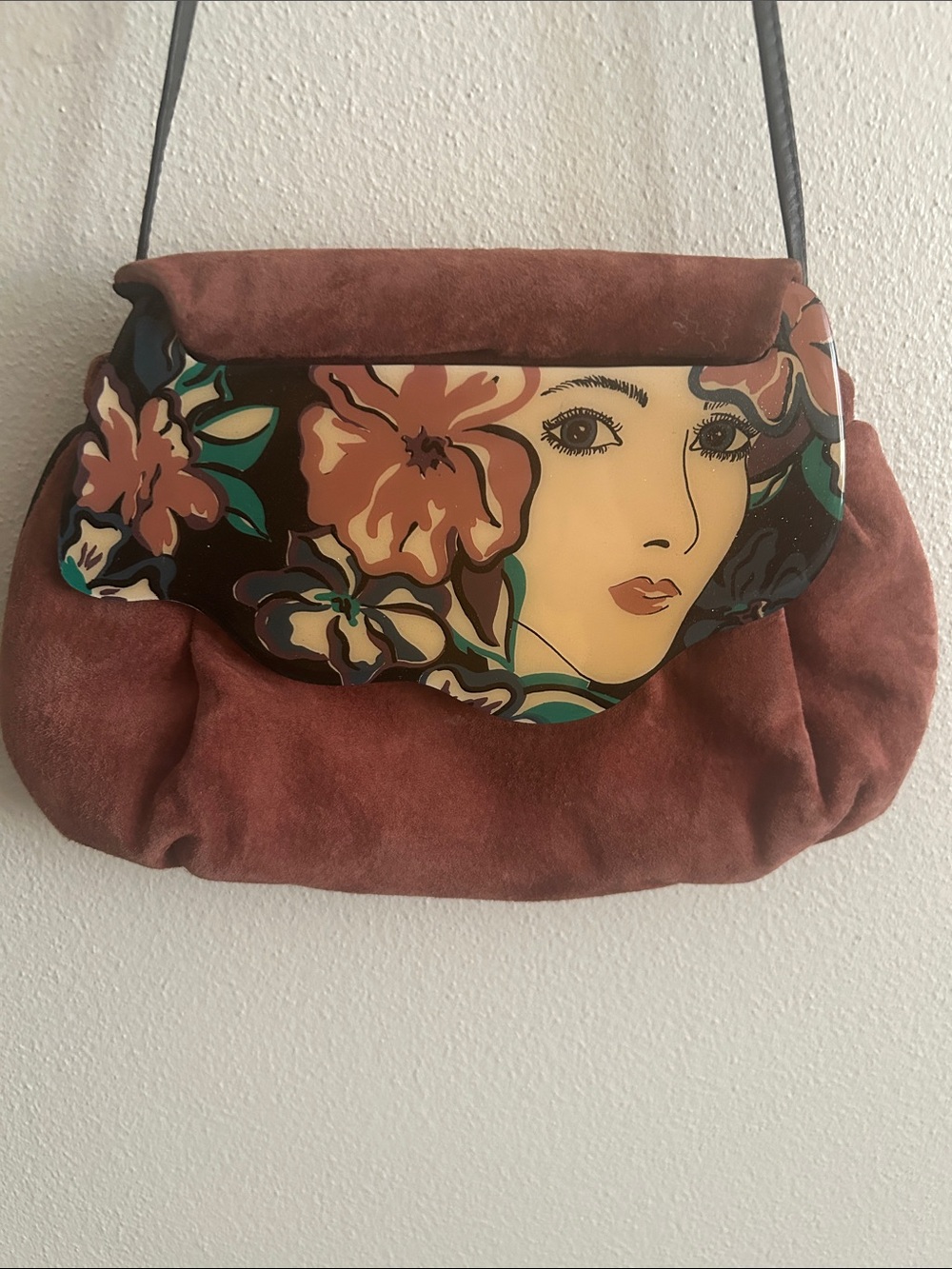 Vintage 70's Moon Bags Dusty Rose Suede Hand Painted Deco Art Shoulder Bag.